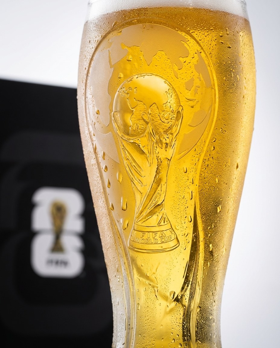 Condensation on the cold glass, the trophy etch magnified through the droplets